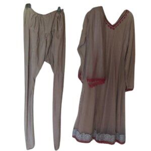 Beige Red Salwar Kameez and Dupatta Set Fits XL